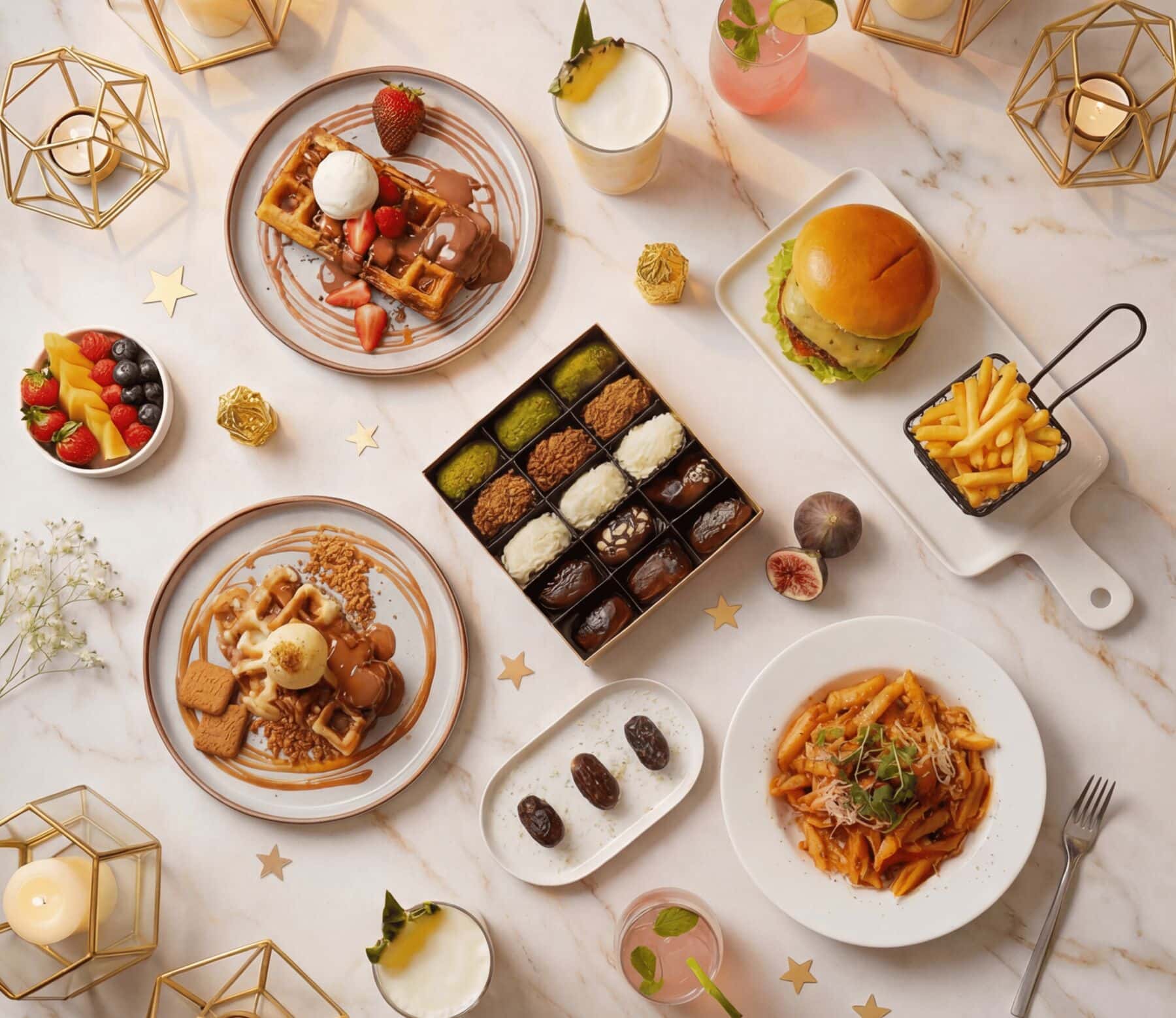 An iftar spread on marble: dates, waffles, a burger and fries, pasta and fresh fruit among gold lanterns