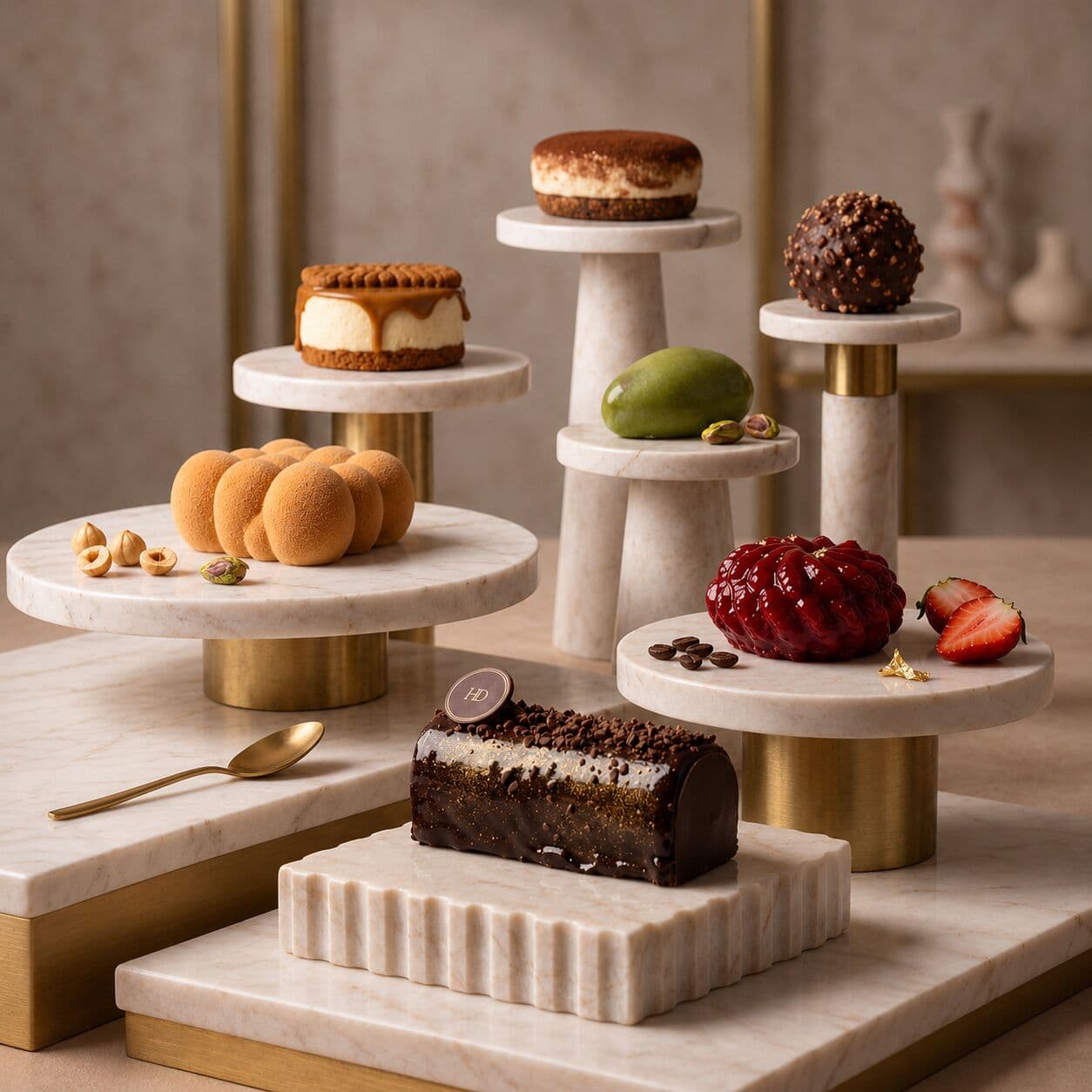 The Pâtisserie on marble and brass stands: tiramisu, caramel choux, pistachio, rocher, red velvet and a chocolate bûche