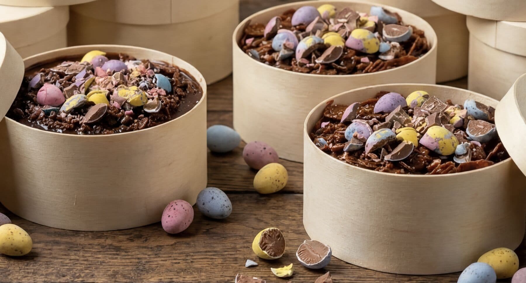 Crunch Cakes in round wooden boxes, heaped with chocolate and pastel Mini Eggs