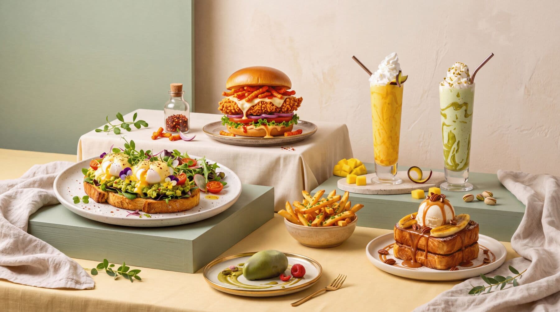 Avocado toast, a burger, fries, waffles with gelato and two tall milkshakes on a sunlit table