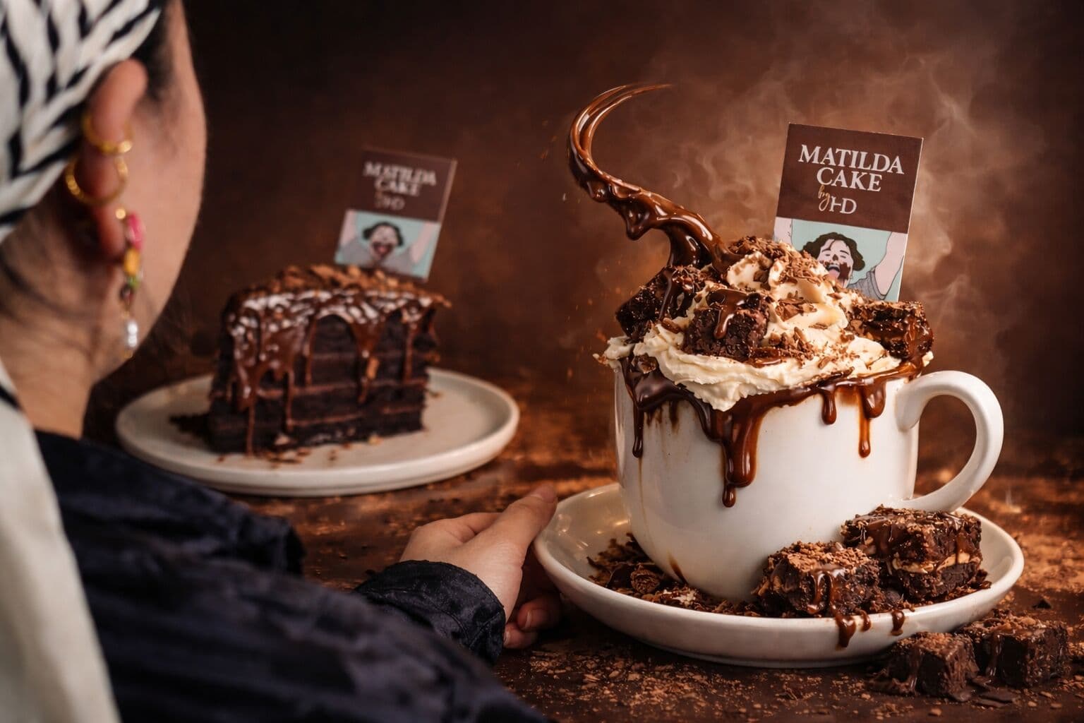 A Matilda hot chocolate piled with cream, chocolate sauce and brownie pieces, beside a slice of Matilda Cake