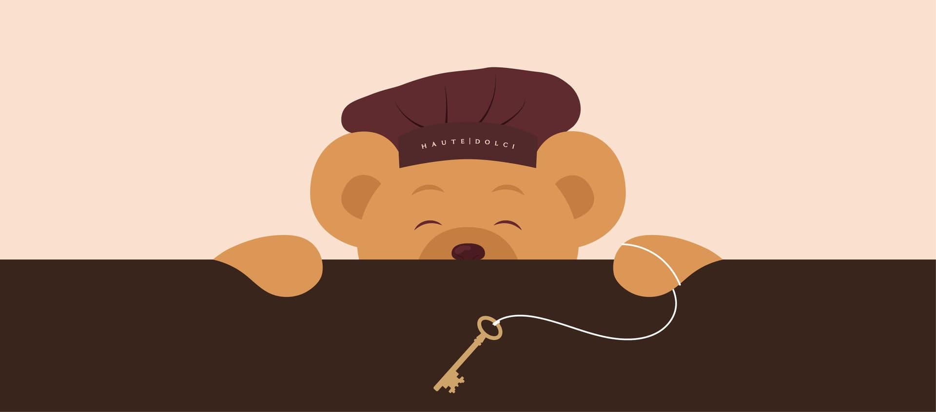 Illustration of Mr. Dolci, a teddy bear in a burgundy Haute Dolci beret, peeking over a ledge with a golden key on a string