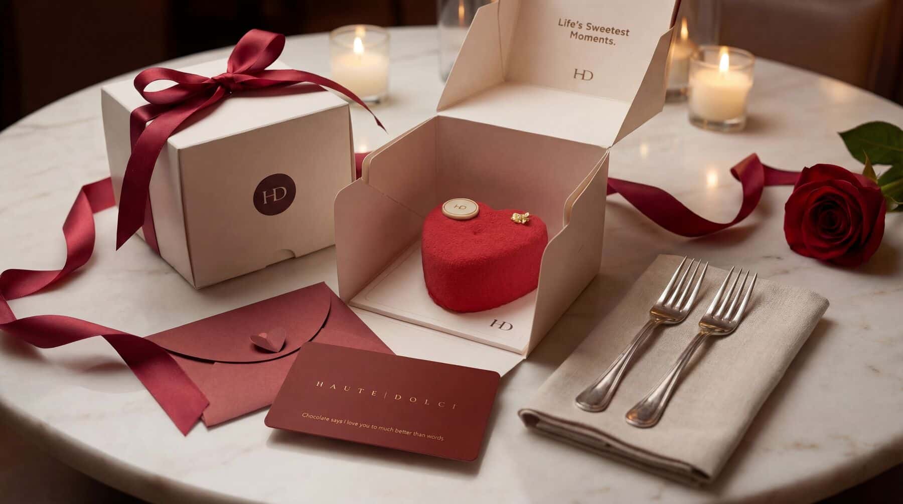 A red velvet heart cake in an open gift box, with red ribbon, a gift card, a rose and candles